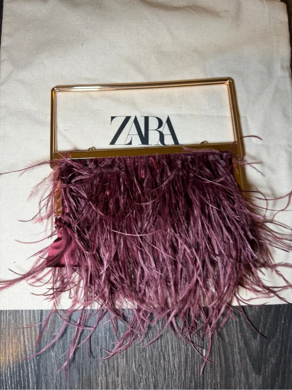 Zara Feather Fringe Evening Clutch in Plum with Gold Frame